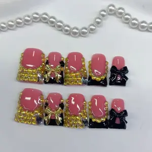 10pcs high-end Sweet and cool girl style, hand-painted three-dimensional bow, dazzling golden round diamonds handmade fake nails, Ideal for attending music festivals, concerts, friends' birthday parties, and bar gatherings
