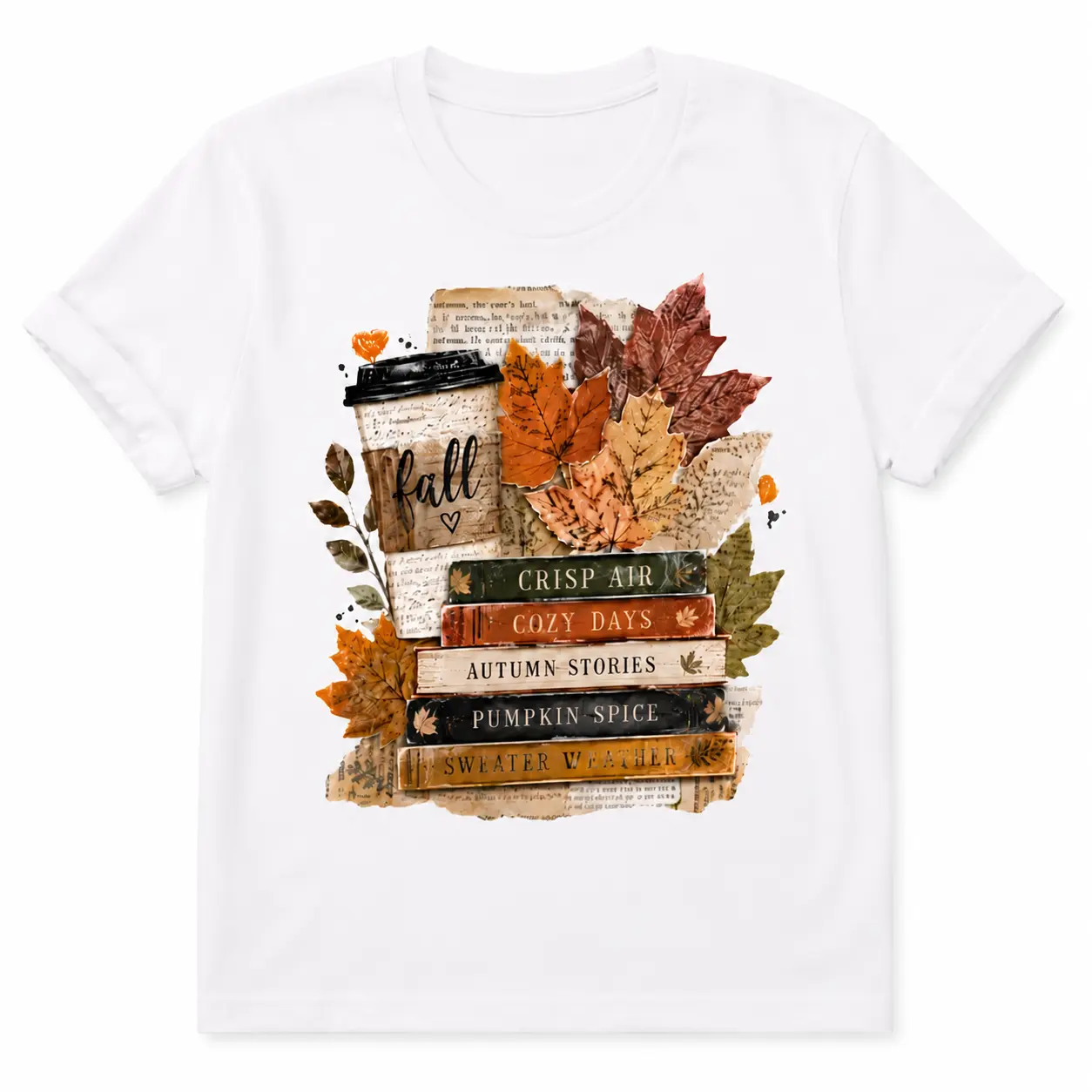 COZY DAY 100% Cotton Women’s T‑Shirt, Vintage Autumn Book Stack Graphic Top, Pure Cotton Fall Foliage Clothing, Aesthetic Vintage Women’s Shirt