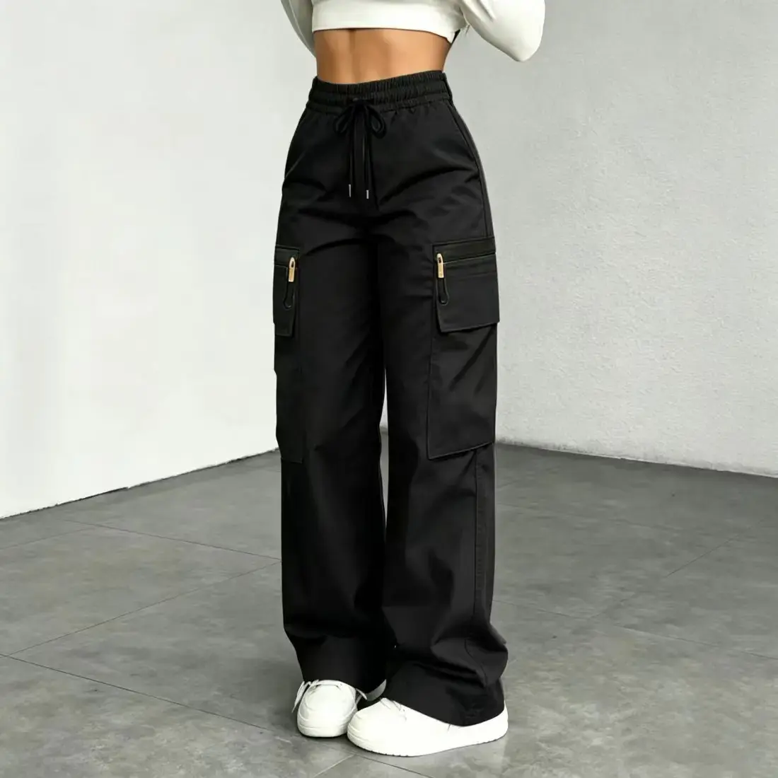 Womens lightweight loose cargo pants with multiple pockets, decorative faux zipper design (no back pockets), made from 130 g new fabric—lightweight, breathable, quick-drying. Womens bottoms/womens trousers (with size options for long womens pants in