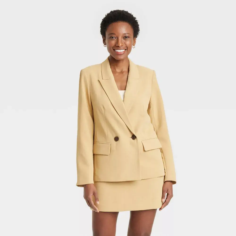 Women's Fitted Polyester Blazer - A New Day, Tan, XL, Button-Style Tops
