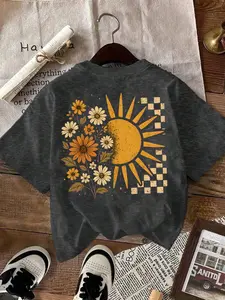 Charcoal Vintage Wash Oversized "Retro Floral Sun" Boho Tee - 2026 Trending Streetwear, Soft Cotton Fabric Perfect for Outdoor Walks & Daily Outings, Bold Retro Print That Stands Out, Versatile Relaxed Fit