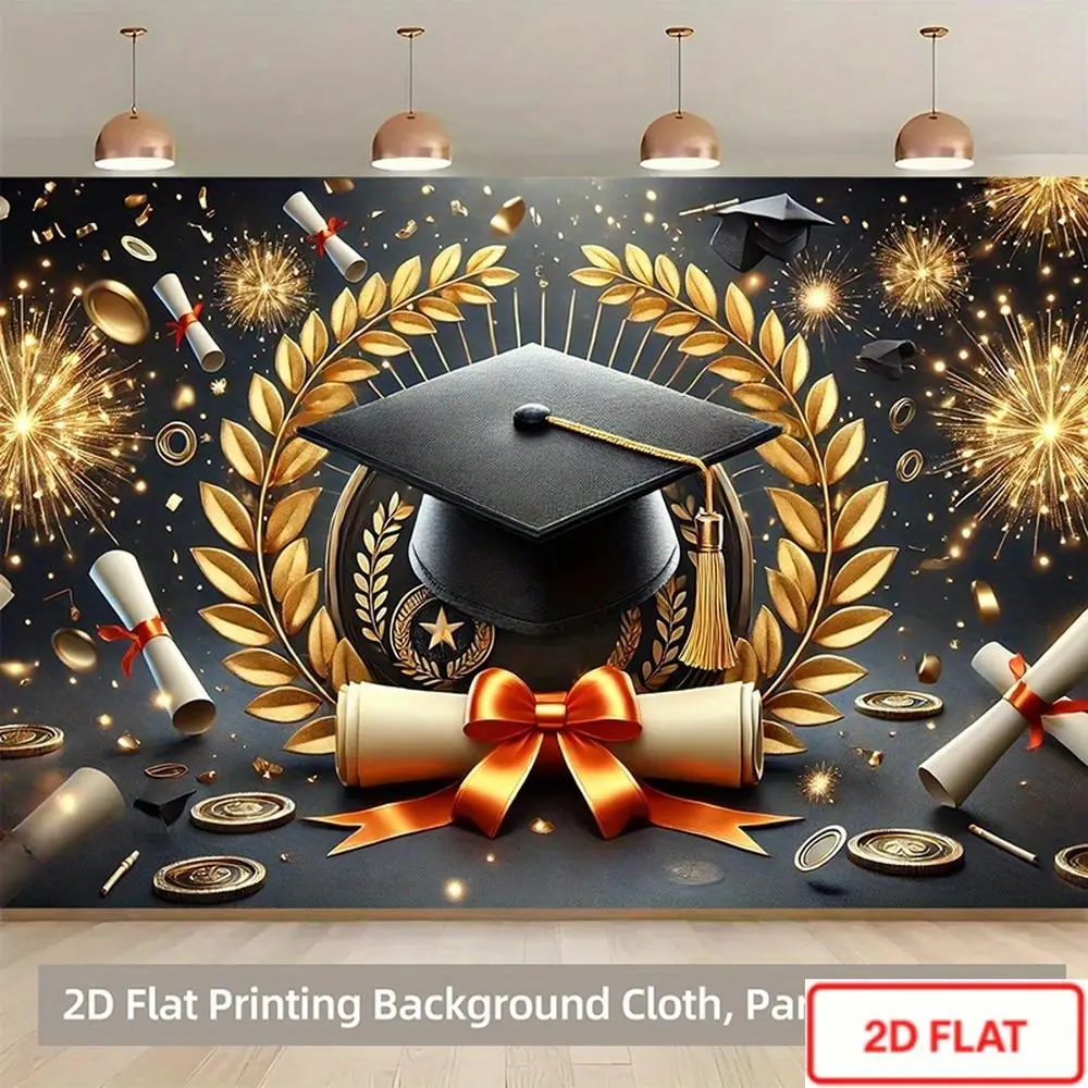 1pc Multi-Size Soft Comfortable Polyester 2D Flat Backdrop Banner - Graduation, Anniversary Photo Booth Backdrop with Diploma Cap, Durable Fabric for Photography, Live Stream Use