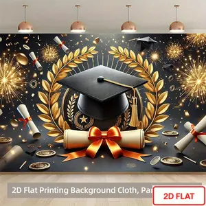 Multi-Size Soft Polyester 2D Flat Backdrop Banner, 1pc Summervibes Graduation Celebration Photo Booth Backdrop with Diploma Cap, Durable Fabric for Photography, Live Stream