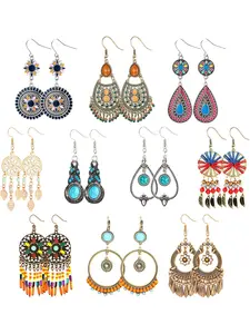 10 Pairs Bohemian Dangle Earrings Set for Women Vintage Statement National Drop Earrings Long Boho Hollow Leaf Piercing Jewelry Colorful Boho Style Jewelry