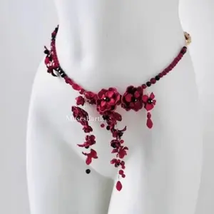 TOP Dark Night Tassel Red Waist Chain, Red Flower Body Chain Can Be Used as Necklace Women's Accessories Gothic Style with Skirt Waist Seal