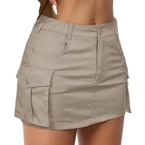 Womens Cargo Skirt with Pockets Y2K Mini Denim Jean Skirt Button Bodycon Low Waist Skirt Light Khaki X-Small