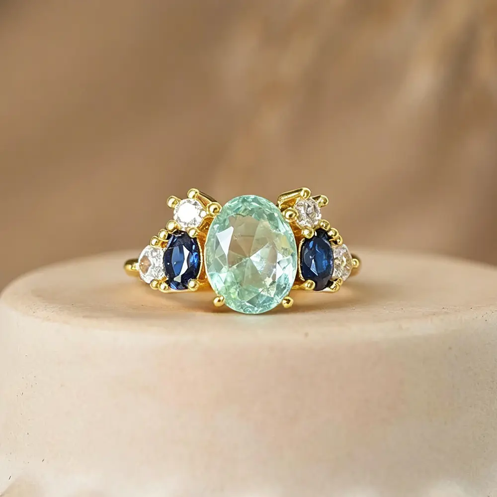 Elegant and stylish 14K gold-plated synthetic aquamarine multi-stone engagement ring, blue cubic zirconia cluster-set ring, promise ring, statement ring, women's jewelry