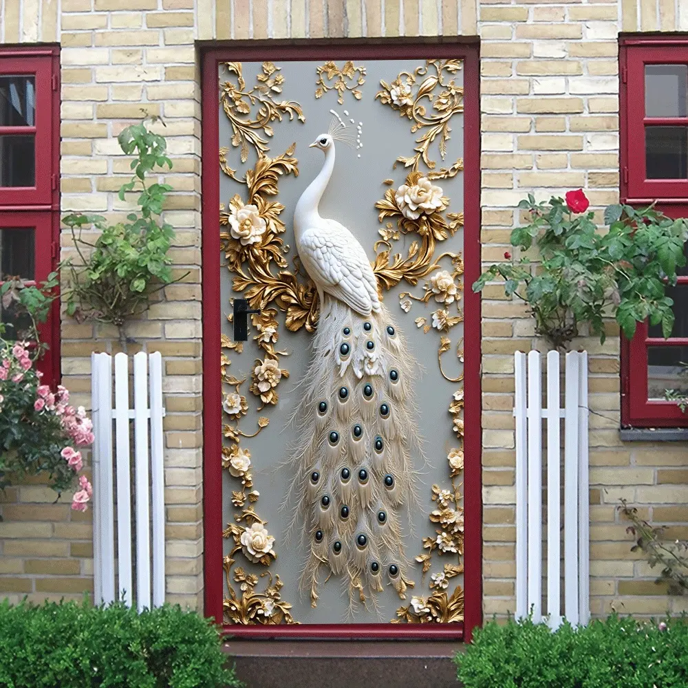 2pcs Embossed Peacock Wall Sticker European Luxury Decorative Sticker Self Adhesive Removable Living Room Bedroom Background Wall Decal Golden Pattern Peacock Feather Creative Home Decoration Art Mural