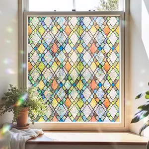 Fancyclings Rainbow Window Film Decorative Privacy Stained Glass Film for Room Home Décor No Glue UV Protection Pink Magnolia Colorful Diamond Grid 17.3 x 78.7