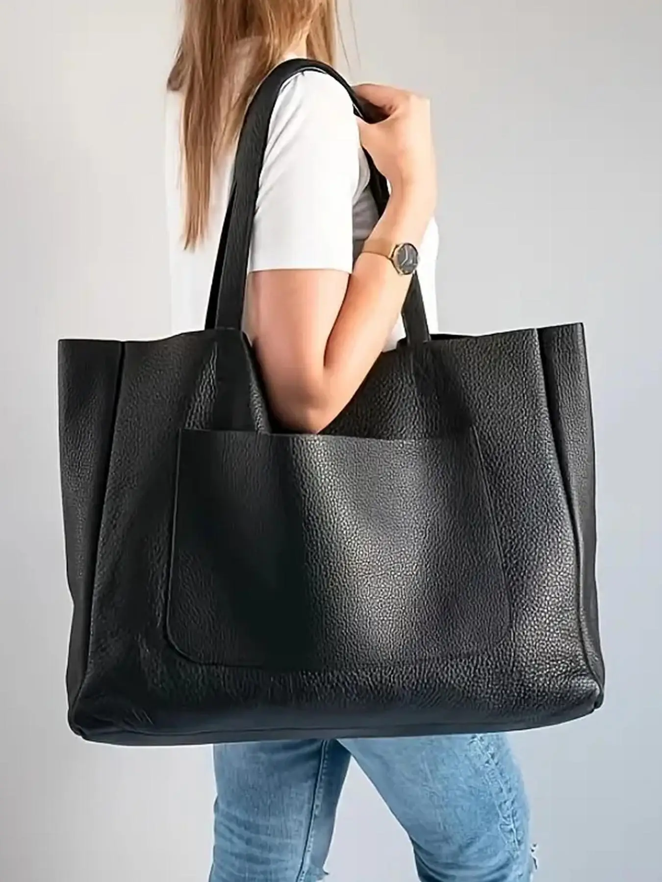 Solid Color Lychee Texture Large Capacity Tote Bag, Work Bag, Unique Bags, Valentine's Gifts for Her, Fashionable Shopper Handbag for Women & Girls,