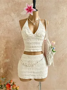 Boho Style Chic Textured Halter V-Neck Sleeveless Top and Tight Mini Skirt Set, Summer Beach Vacation Casual, Women's Fashion Ensemble, Womenswear