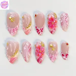 Pink Seashell Princess Press On Nails | 3D Hibiscus Flowers, Pearl Drops & Gold Starfish Charms | Soft Blush Pink Glossy Almond Set | Perfect for Vacation & Beach Dates