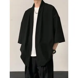 Men's Summer Hanfu Robe Coat, New Chinese Style Short Sleeve Shirt, Traditional Tang Suit, Seven-Quarter Sleeves, Casual Wear