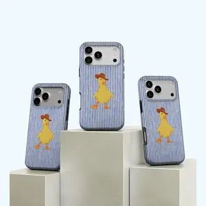 Blue Striped Denim Duck Phone Protective Case, Cute Duckling Phone Case, Iphone 17 16 15 14 13 12 11 Pro Max