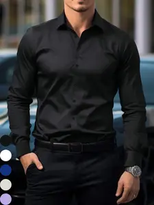 Men's Elegant Shirt, Regular Fit, Classic Collar, Long Sleeve, Plain Color, Iron-Free Fabric, Suitable for Business & Casual Wear