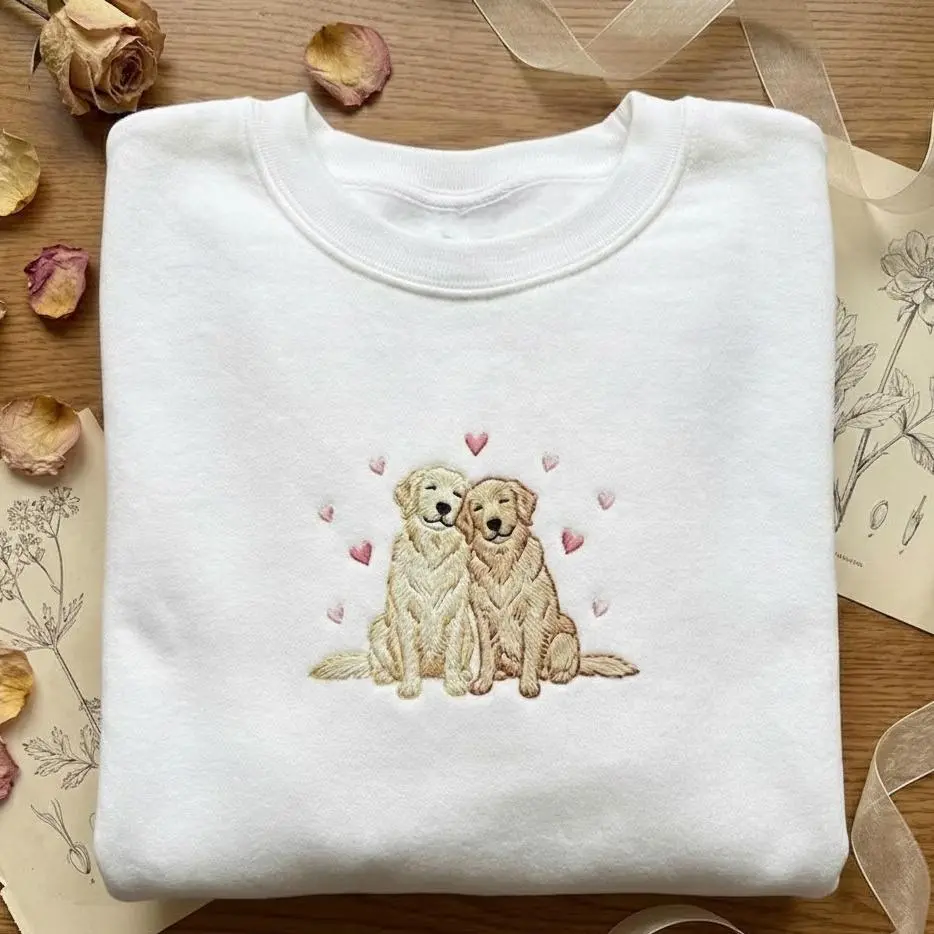 Embroidered Golden Retriever Sweatshirt, Dog Couple Crewneck, Cute Golden Dog Lover Gift, Pet Owner Sweater, Dog Mom Top