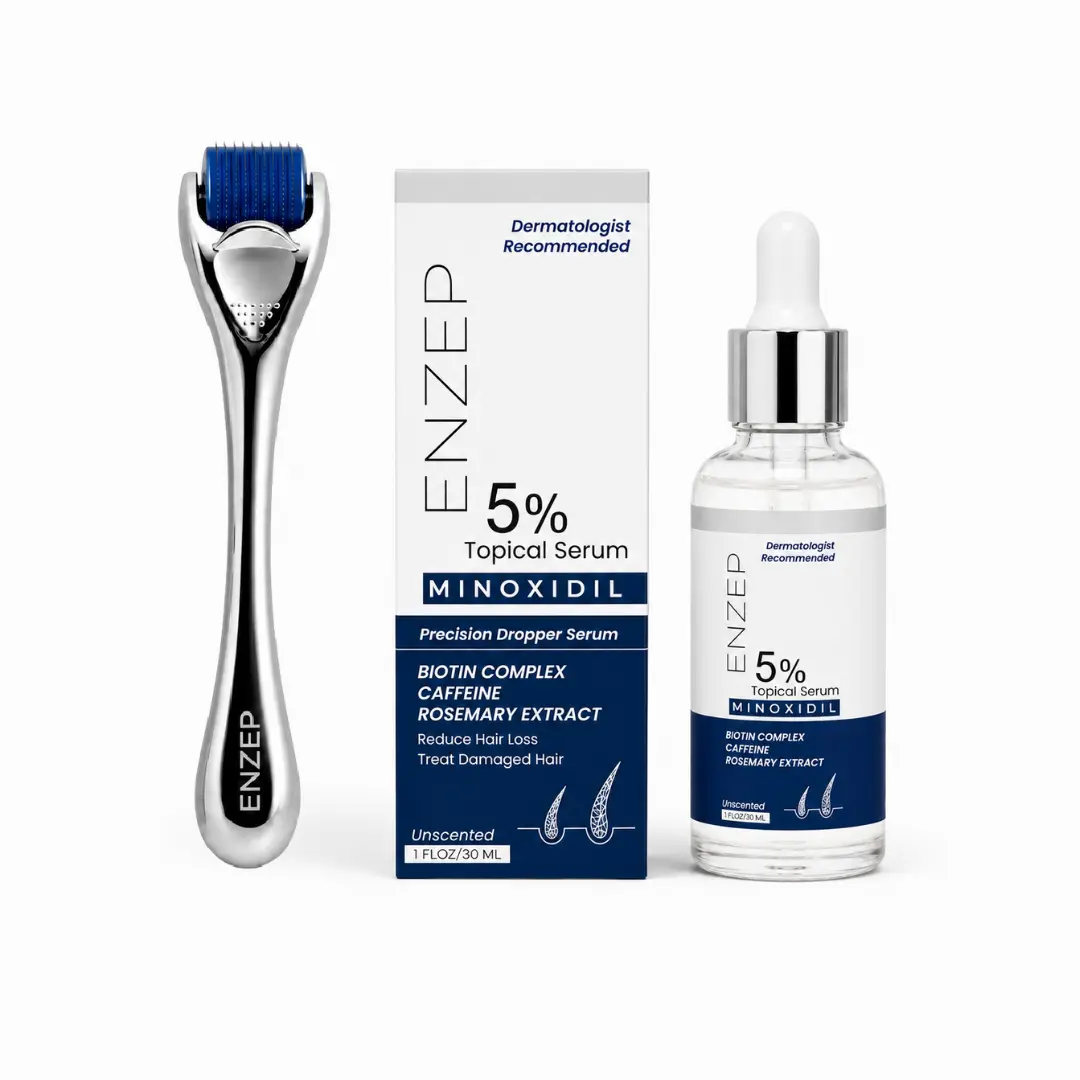 ENZEP 5% Minoxidil Extra Strength Hair Growth Serum for Men & Women – Titanium Derma Roller, Advanced Biotin Formula, Topical Serum for Hair Loss, Thinning Hair, Beard & Scalp Care, 30 mL