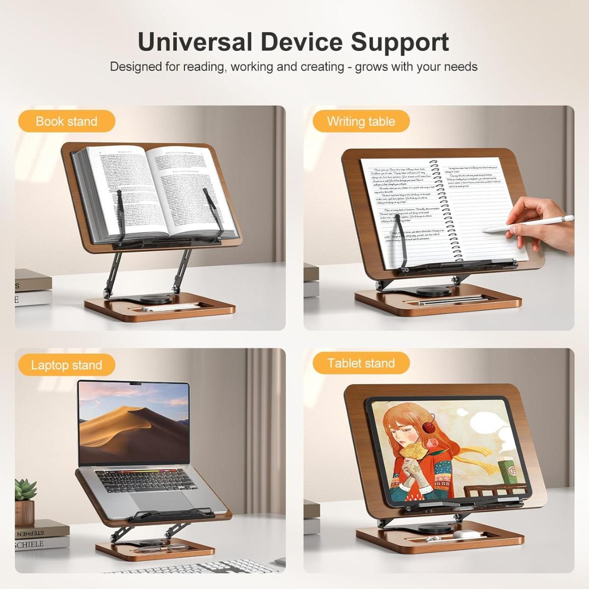 360° Rotating Book Stand – Adjustable Hands Free Reading Holder with Page Clips for Books, Tablet & Laptop