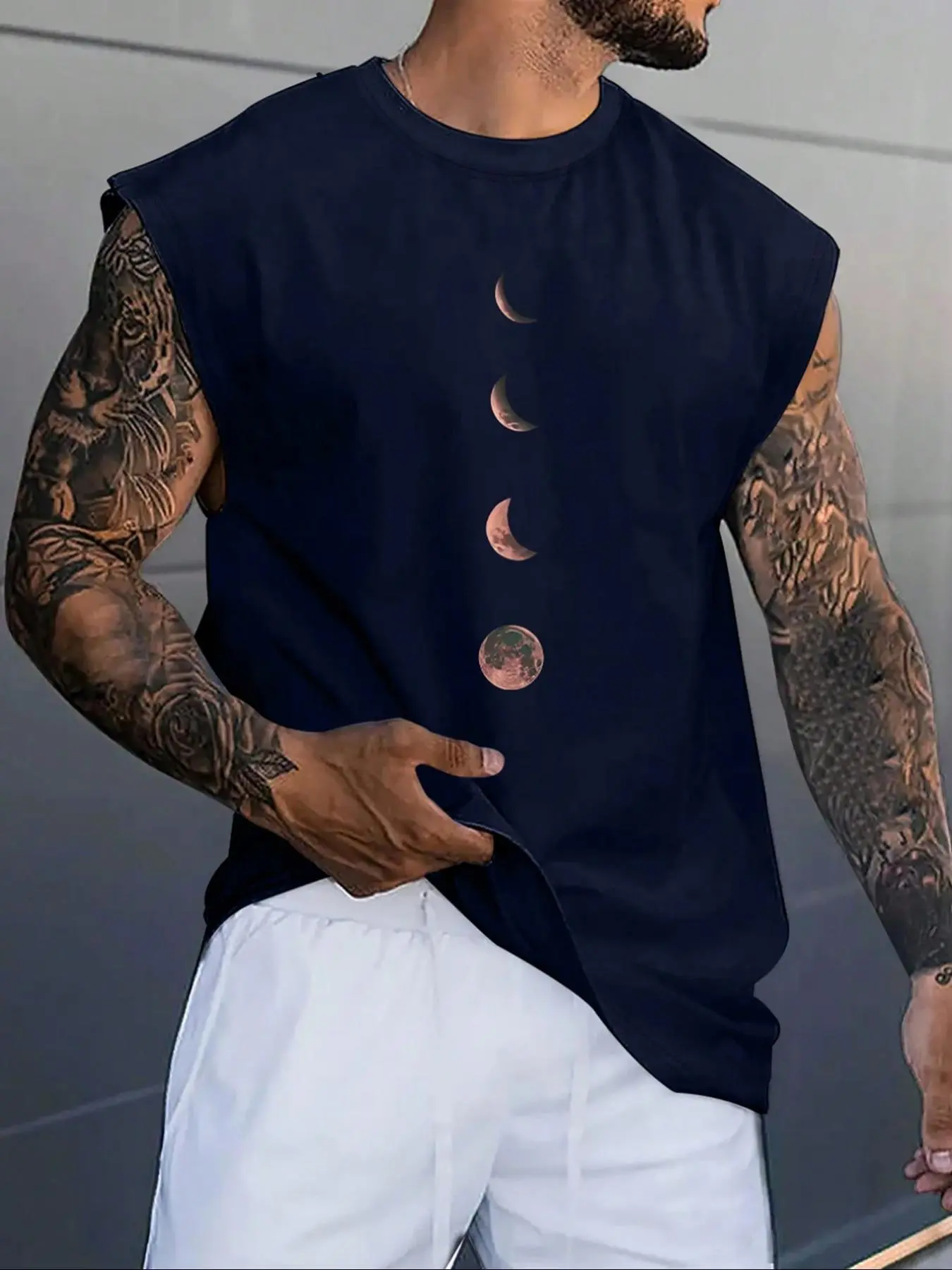 Men's Moon Print Wide Shoulder Vest, Regular Fit Casual Sleeveless Graphic Tank Top for Summer, Men's Top for Daily Wear, Menswear, Casual Streetwear Top, Casual Street Style Men's Moon Print Wide Shoulder Vest, Regular Fit Casual Sleeveless Graphic Tank Top for Summer, Men's Top for Daily Wear, Menswear, Casual Streetwear Top, Casual Street Style