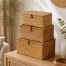 Seagrass Storage Baskets with Lids, Set of 3 Nesting Rectangular Bins, Large Medium Small, Woven Organizer for Pantry, Kitchen Cabinet, Bathroom, Closet, Shelf, Laundry Room, Bedroom, Entryway, Nursery, Wicker Basket Set, Boho Farmhouse, Housewarming Gift