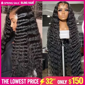 Bling Hair 32inch Deep Wave Lace Front Wigs Human Hair 13x6 HD Transparent Human Hair Lace Front Wigs for Women 180% Density Deep Curly Human Hair Wigs Pre Plcked Deep Wave Lace Frontal Wigs