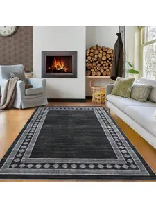 Black-5*7 feet Contemporary Machine Washable Area Rug Modern Geometric Floor Cover Non Slip Stylish Bordered Accent Carpet Stain Resistant Low Pile Ultra Thin Pet Friendly Foldable Soft Indoor Mat For Kitchen Laundry Bedroom Living