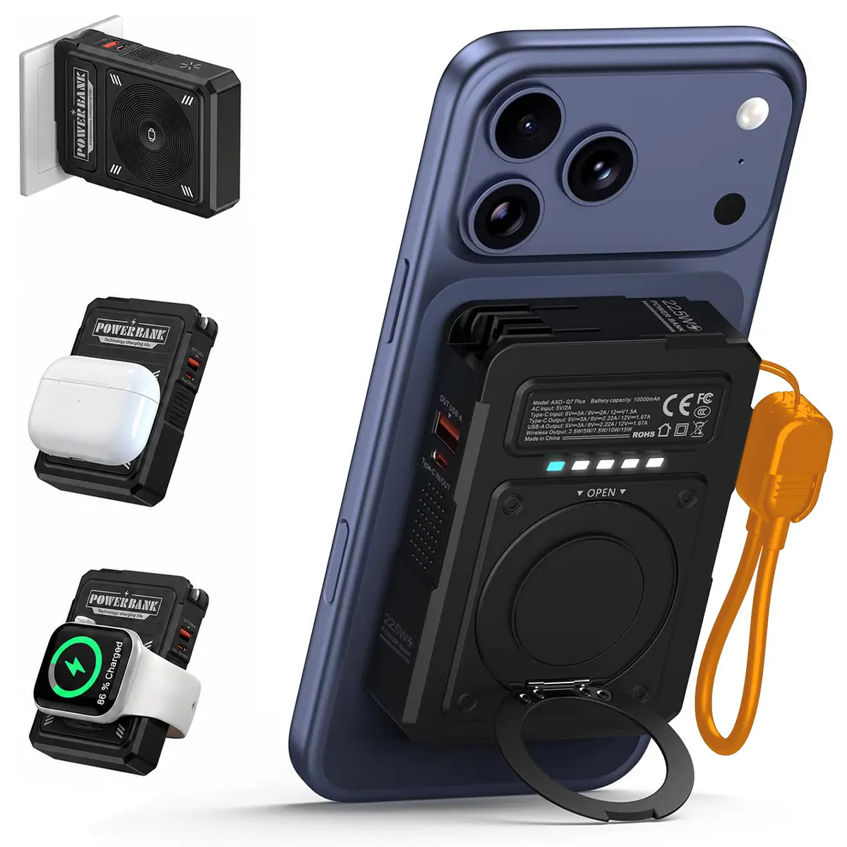 6-in-1 Compact Magnetic Portable Charger 10000mAh Wireless Power Bank with Built-in AC Wall Plug, USB Cables & Lanyard Accessory, 22.5W Fast Charging Travel Battery Pack for iPhone, Samsung & Android Devices