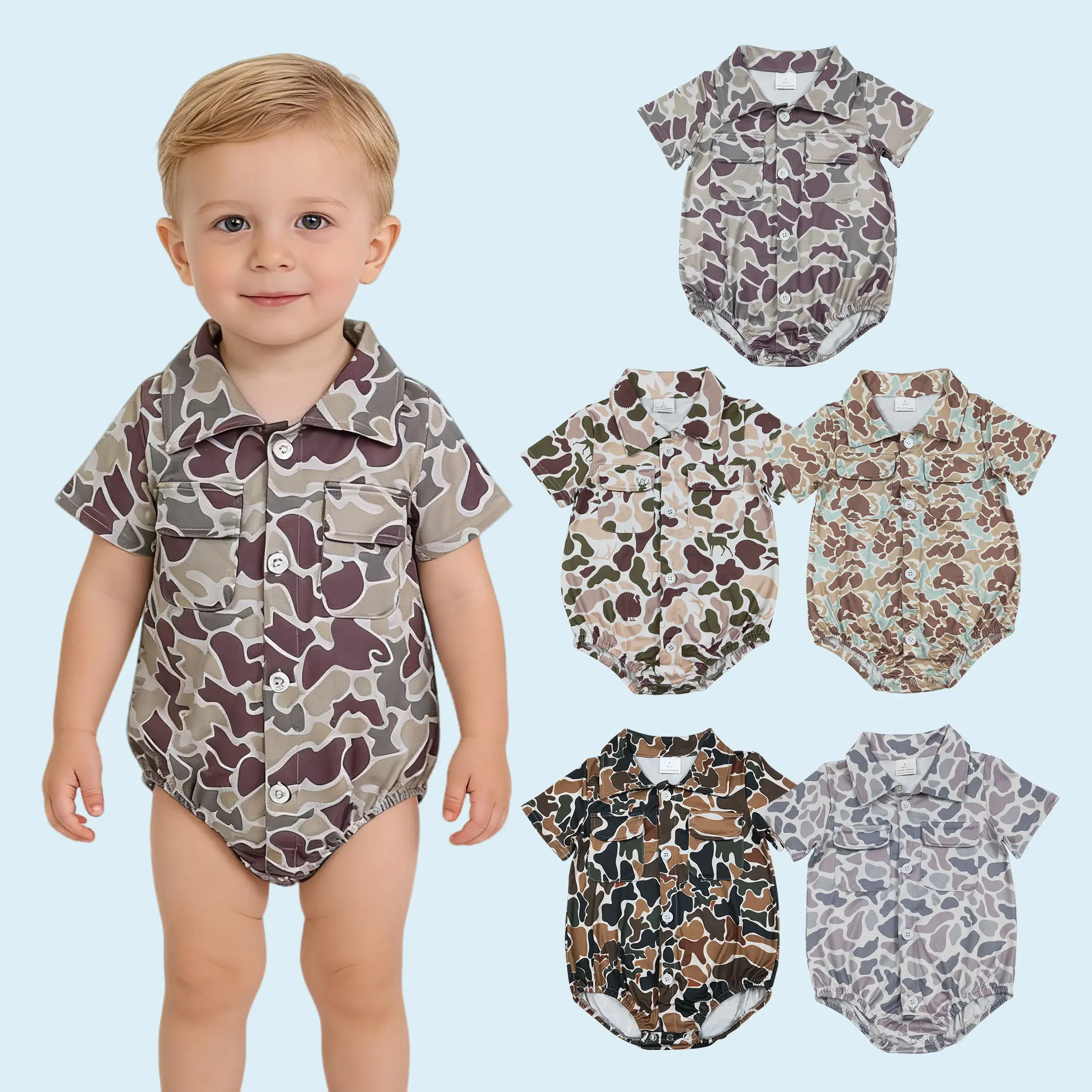 Camouflage pockets baby boy button romper