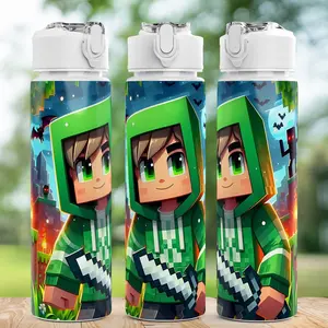 A 1-Pixel Cartoon Character Plastic Water Bottle Tumbler with a Cute Printed Design, a Flip-Top, Reusable 25Oz 750Ml Plastic Sports Bottle, Lightweight And Leak-Proof, Perfect for Travel And Drinking During Running, Suitable As a Gift for Birthdays