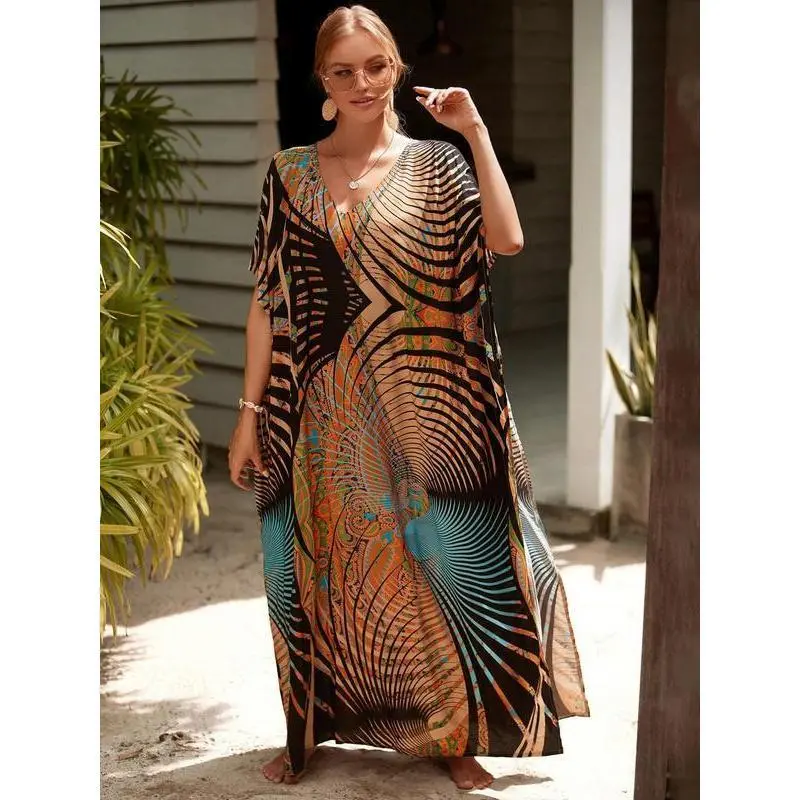 All Over Print Batwing Sleeve V Neck Maxi Dress,  Moo Moo Dress Summer Designer Clothes, Womenswear Boho Comfort Womenswear Half Sleeve Kaftan for Lady, Holiday Dresses, Clothing for Casual Wear Back To School Moo Moo Dresses
