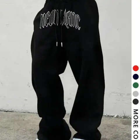 Men's Casual Loose-Fit Long Pants, Letter Print Drawstring Wide Leg Sweatpants, All-Season Comfortable Men's Clothing, Breathable Pants, Casual Loungewear Pants, Casual Wear Bottoms