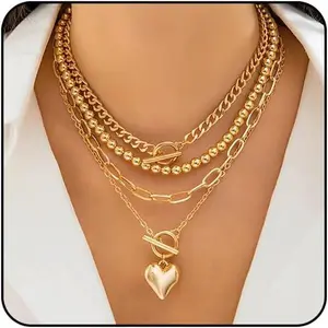 Layered Gold Necklace for Women Non Tarnish Chunky Gold Necklace Stack for Women Paperclip Chain Necklace for Women Retro Coin Medallion Heart Pendant Necklace Gold Jewelry Set