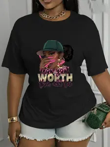 Plus Size - Plus Size - Plus Size Women'S Apparel, Know Your Worth Graphic Tee, Casual Short-Sleeve Crew Neck Top, Medium Stretch Material, Machine Washable, Stylish And Adaptable