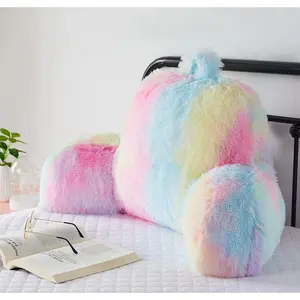 Faux Fur Backrest Pillow for Kids, Teen Reading Pillow with Arms, Fluffy Back Support Pillow for Sitting Up in Bed/Couch, Bed Wedge Pillow for Girls, Reading & Bed Rest Pillows (Pink)