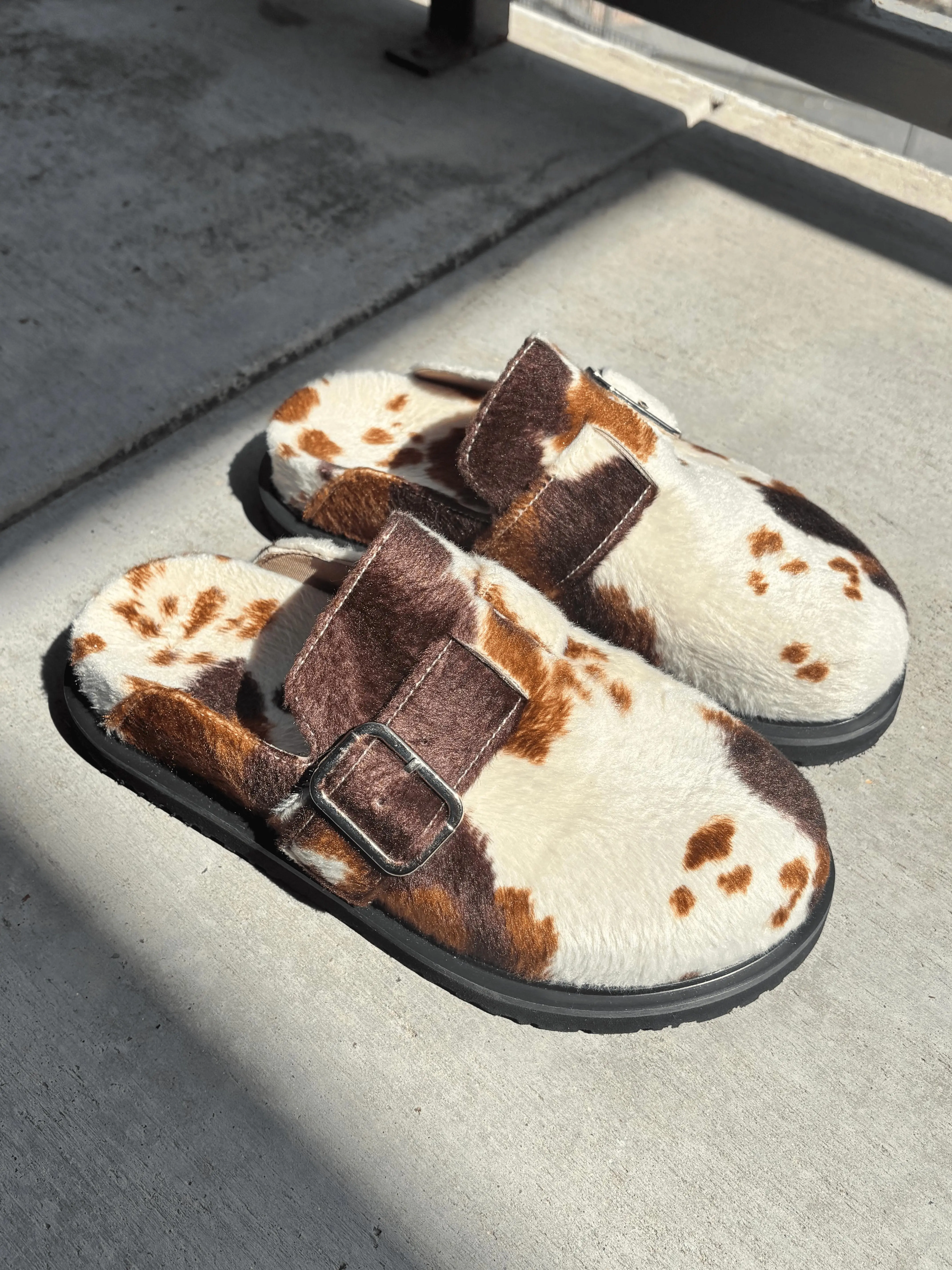 Moo Cow Print Clogs - Womens Shoe For Unique Casual Wear Footwear Soft Faux Faur Buckle Detail