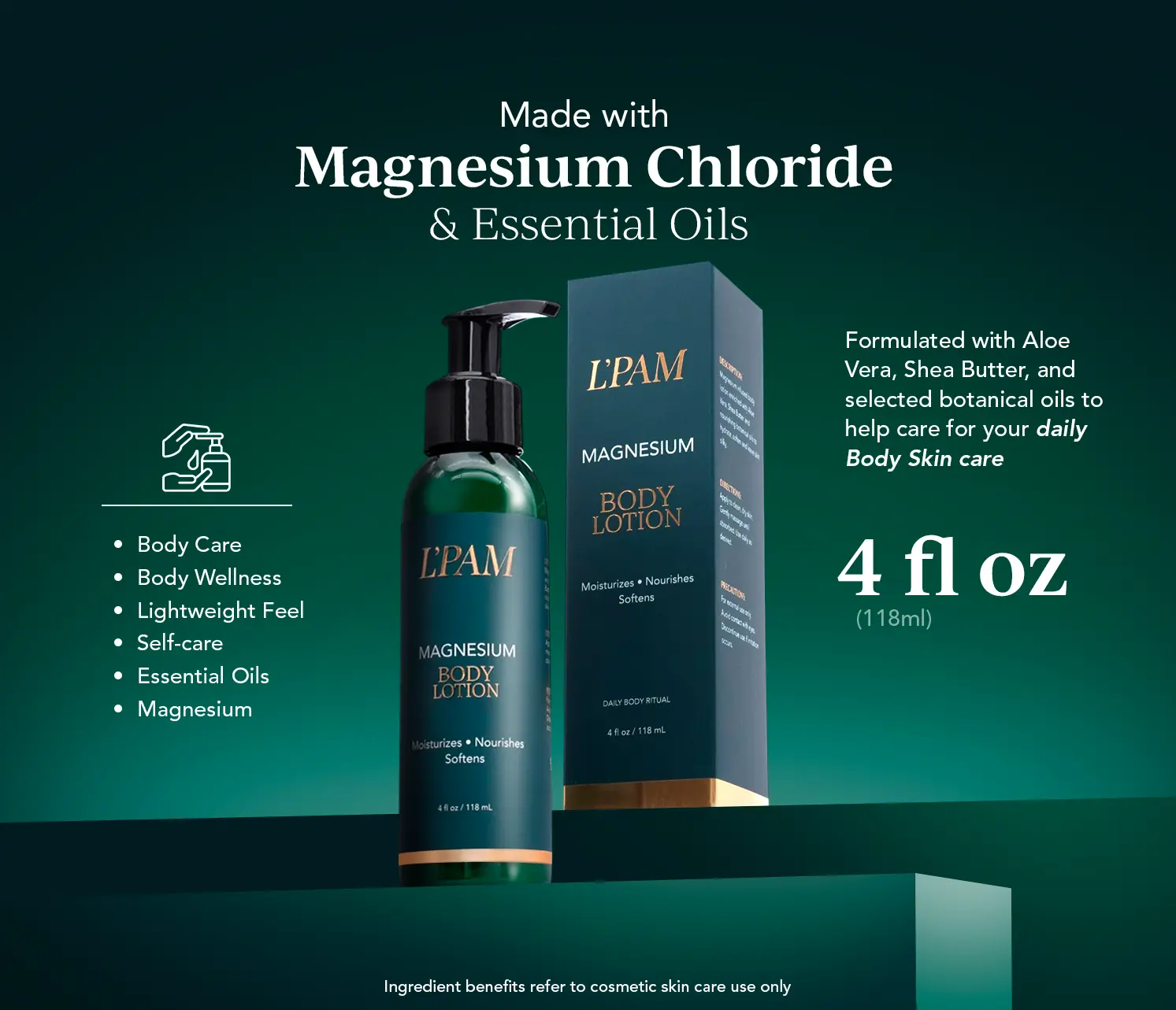 Magnesium Body Lotion, 4 fl oz Fragrance Free, Moisturizing Lotion with Magnesium Chloride, Aloe Vera, Shea Butter and Botanical Oils, Fast-Absorbing, Hydrating formula for Daily Care.