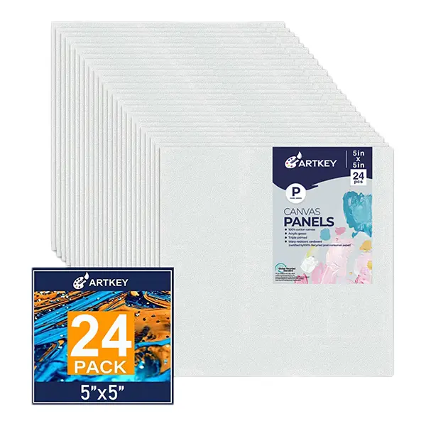 Canvas Panels 5x5 Inch 24-Pack, 10 oz Primed 100% Cotton White Blank Small Canvases for Painting, Square Flat Canvas Board for Oil Acrylics Watercolor & Tempera Paints