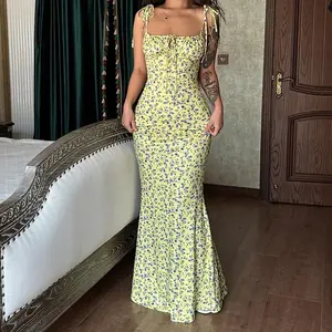 Floral Print Sleeveless Cami Maxi Dress Women's 2025 Summer & Fall Holiday Vacation Outfit Bodycon Wear Spaghetti Strap Lace Tie Front Dresses for Girl��s Party Club Dating Casual Elegant Dress