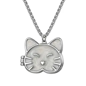 Cat Face Locket Necklace: Silver Personalized Stainless Steel Photo Memory Pendant Necklaces Pet Memorial Jewelry for Women