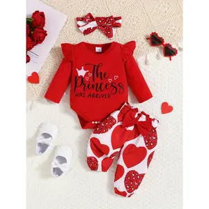 3-piece Girl Outfit Set, "Princess Has Arrived" Printed Long Sleeve Romper with Ruffle Details, Heart Pattern Printed Pants and Headband, Polyester Knit Fabric, Round Neck, Regular Style, Suitable for Spring/Autumn -