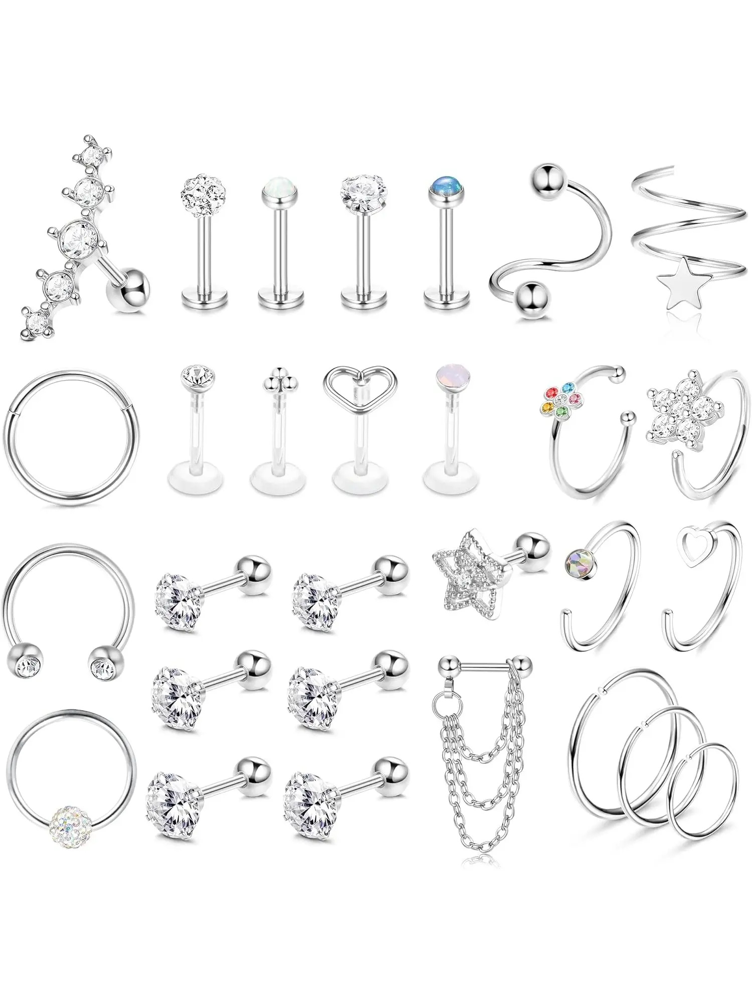 Versatile 29 Pcs Silvery Piercing Jewelry Set, Fashion Body Jewelry, Body Jewellery, Body Piercings, Helix Piercing Surgical Steel Earrings for Women Men Tragus Cartilage Earrings Studs Hoops Conch Piercing Jewelry Set CZ Barbell Piercing Nose Set