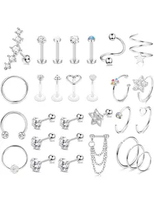 Versatile 29 Pcs Silvery Piercing Jewelry Set, Fashion Body Jewelry, Helix Piercing Surgical Steel Earrings for Women Men Tragus Cartilage Earrings Studs Hoops Conch Piercing Jewelry Set CZ Barbell Piercing Nose Set