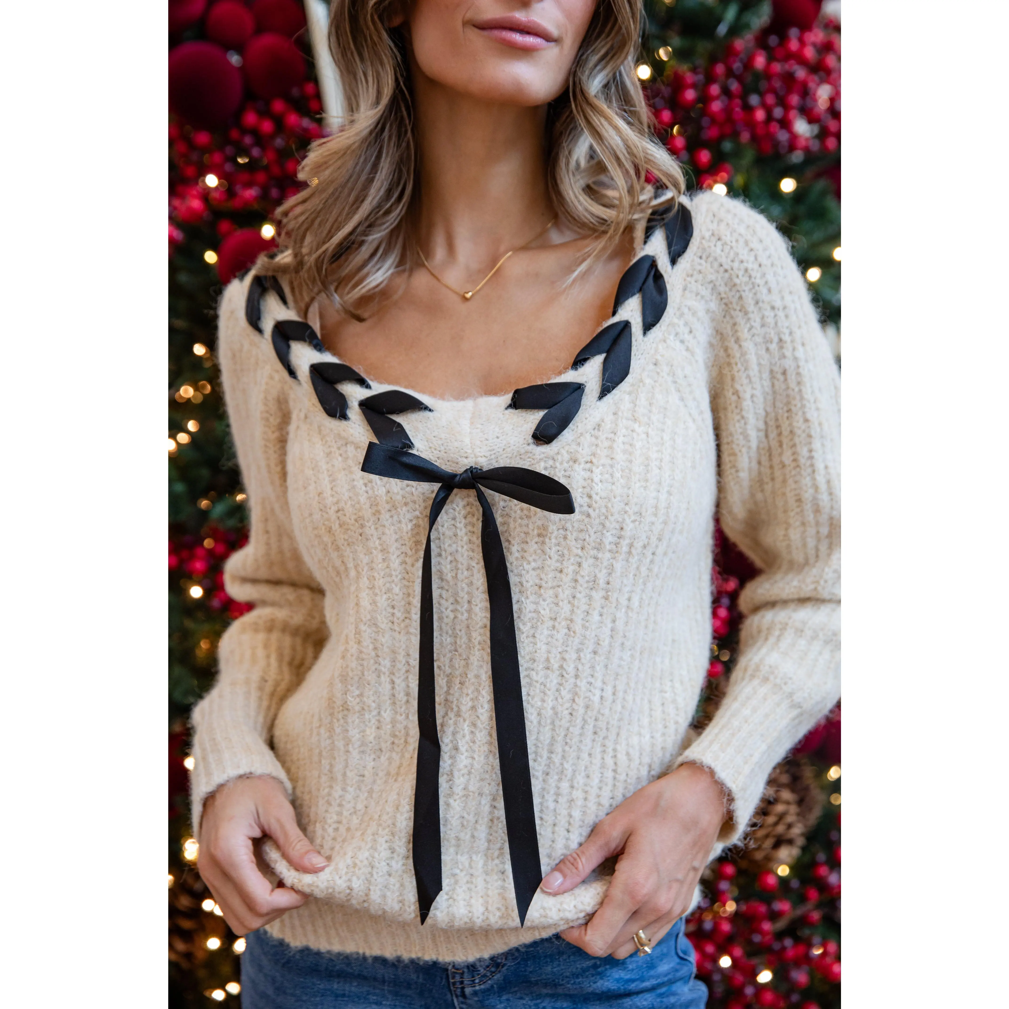 FINAL SALE - Warm Ember Braided Ribbon Tie Oatmeal Sweater