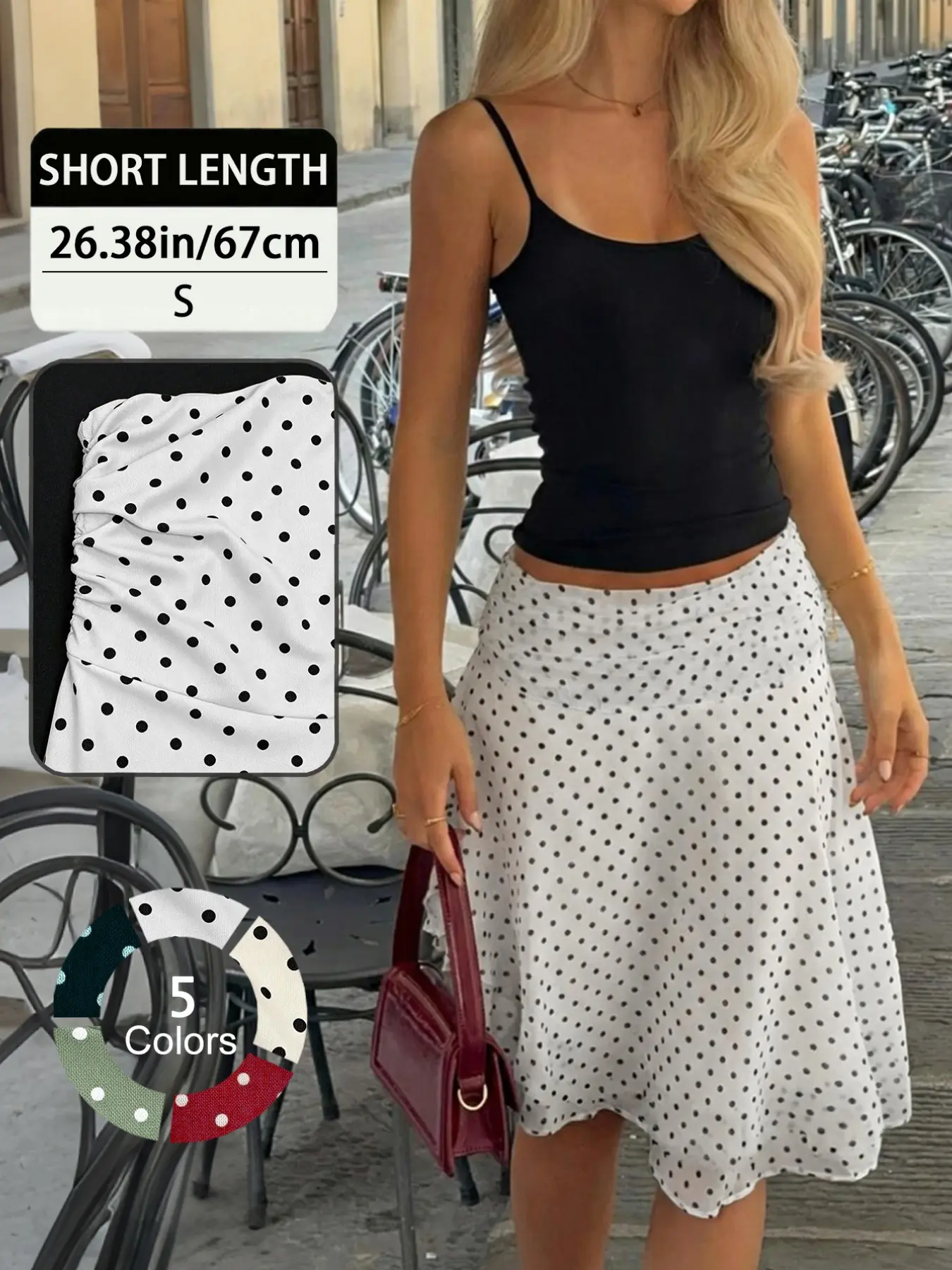 Elegant French-Style Chic Summer Casual Polka Dot Skirt, Lightweight Drapey Fabric with Ruched Waist and Folded Hem, Women's Fashion Bottoms, Womenswear