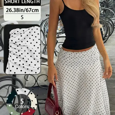 Elegant French-Style Chic Summer Casual Polka Dot Pattern Skirt, Casual Fashionable Skirt, Lightweight Drapey Fabric with Ruched Waist and Folded Hem, Women's Fashion Bottoms, Womenswear