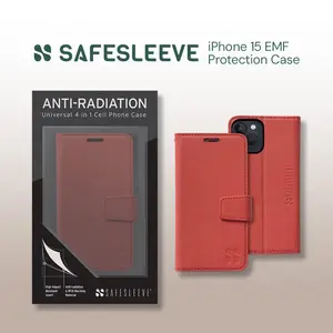 SafeSleeve Wallet Leather Case for iPhone 15 EMF Blocker for Cell Phone with 3 Card Holder & Adjustable Stand – Magnetic Closure, and Magnetic Folio Protection for Daily Use