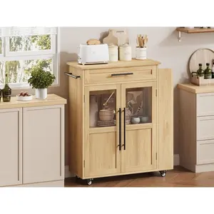 Mobile Kitchen Island on Wheels, Wood Top and Glass Door Cabinet, Spice Organizer and Towel Bar, Rolling Coffee Bar Cart for Dining