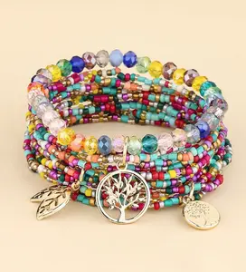 Tree of Life Charm Beaded Bracelet Multicolor with Gold Leaf and Tree Charms for Women