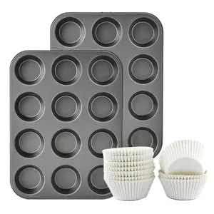 2 Pack Muffin Pan for Baking & 200 Liners, Nonstick Cupcake Tin 12 Cup, Cup Cake Tray, Premium Cheesecake Pans, Dishwasher Safe - Dark Grey