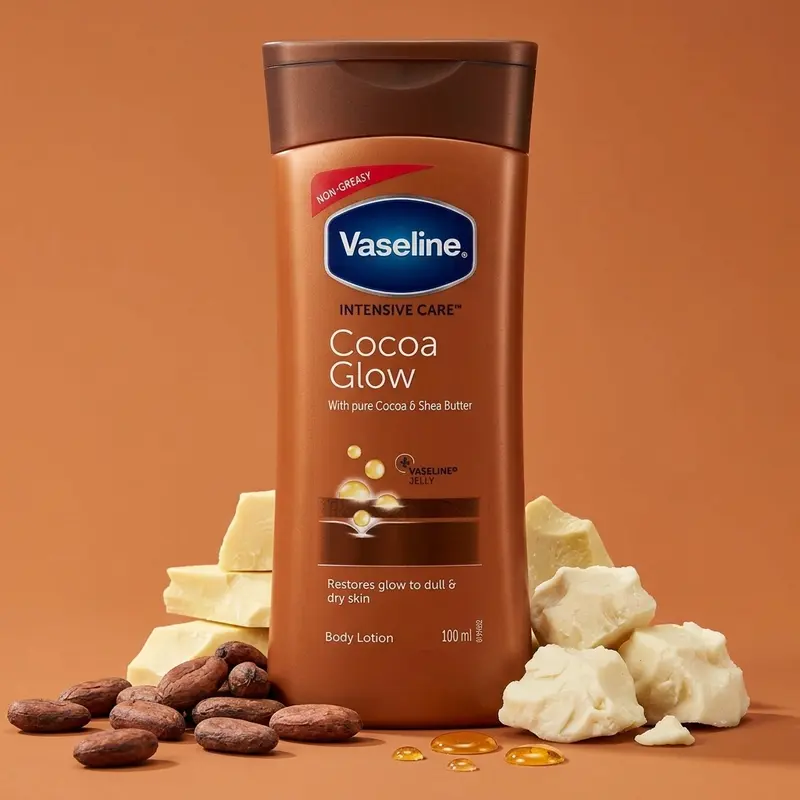 Vaseline Intensive Care Cocoa Glow Daily Body Lotion (100ml/3.4oz) - Nourishing Non-Greasy Body Care Moisturizer with Pure Cocoa, Shea Butter, Indulgent Scent, Moisture Restore Benefits, Radiant Skin; Apply After Bath Item